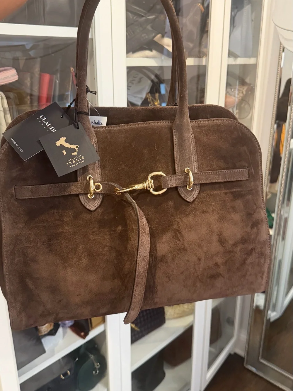 Suede Satchel Handbag in Dark Brown with Gold-Tone Hardware